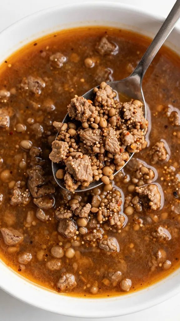 spoonful of seasoned ground beef from keto taco soup, overhead