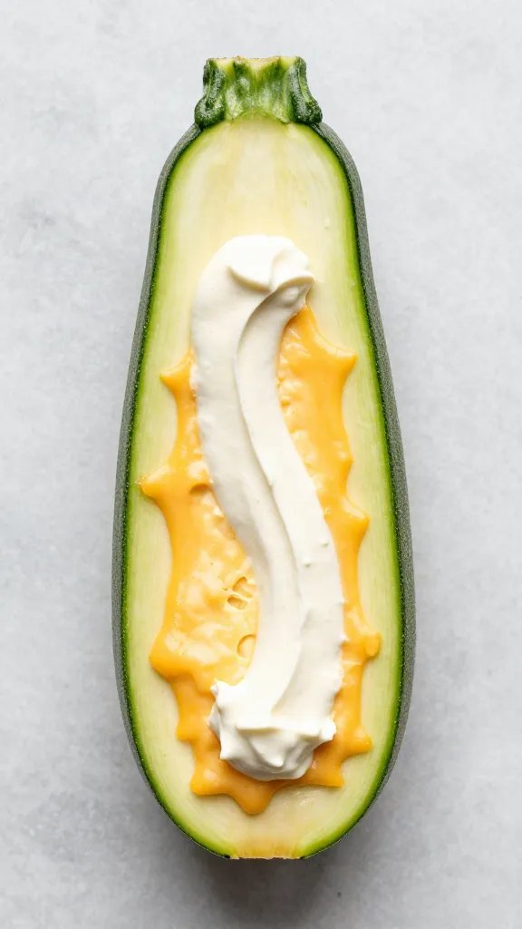overhead shot of single zucchini boat with melted cheddar and crema