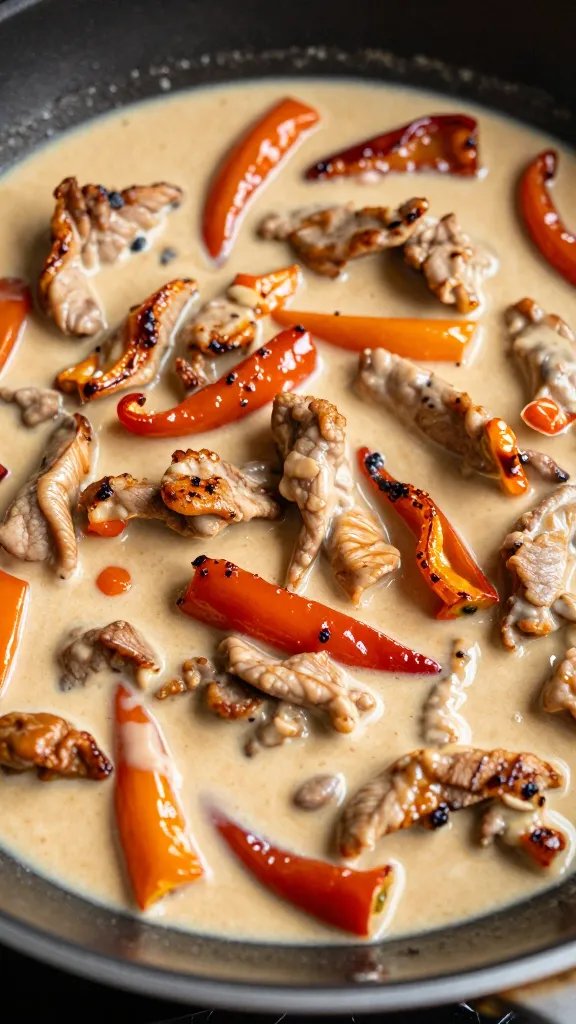 closeup skillet of chipotle cream pork with caramelized peppers