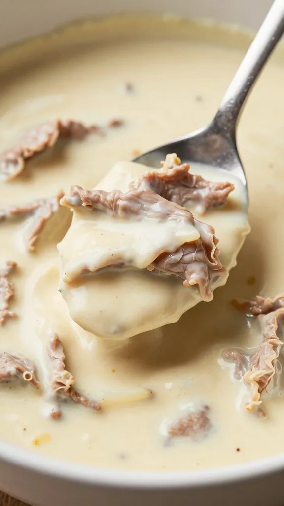 spoonful of chipotle pork in creamy sauce, shallow depth of field