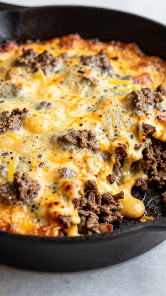 bubbling keto cheesy beef taco bake in cast-iron skillet