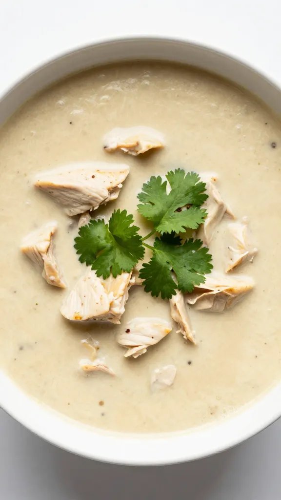 overhead white bowl with creamy taco chicken soup, cilantro garnish