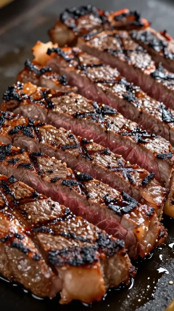 closeup of sliced flank steak with charred sear marks