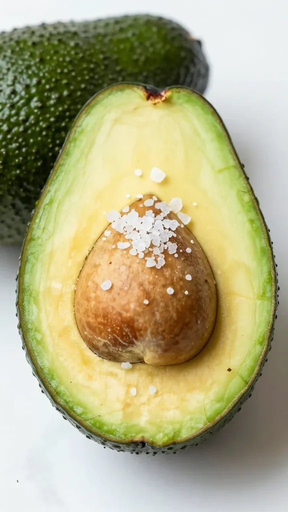 ripe avocado fan on greens with coarse sea salt