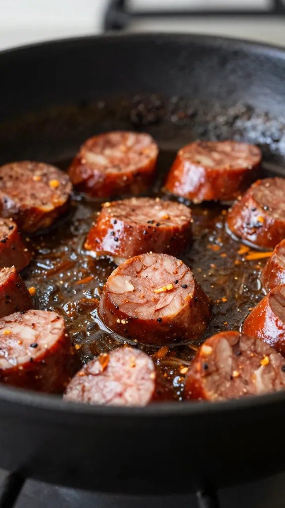skillet of sizzling chorizo filling, shallow depth of field