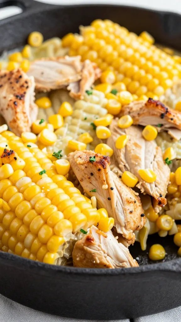 closeup of keto street corn chicken casserole in cast-iron dish