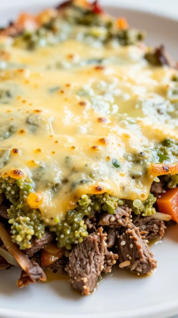 closeup slice of keto salsa verde beef casserole, bubbly cheese