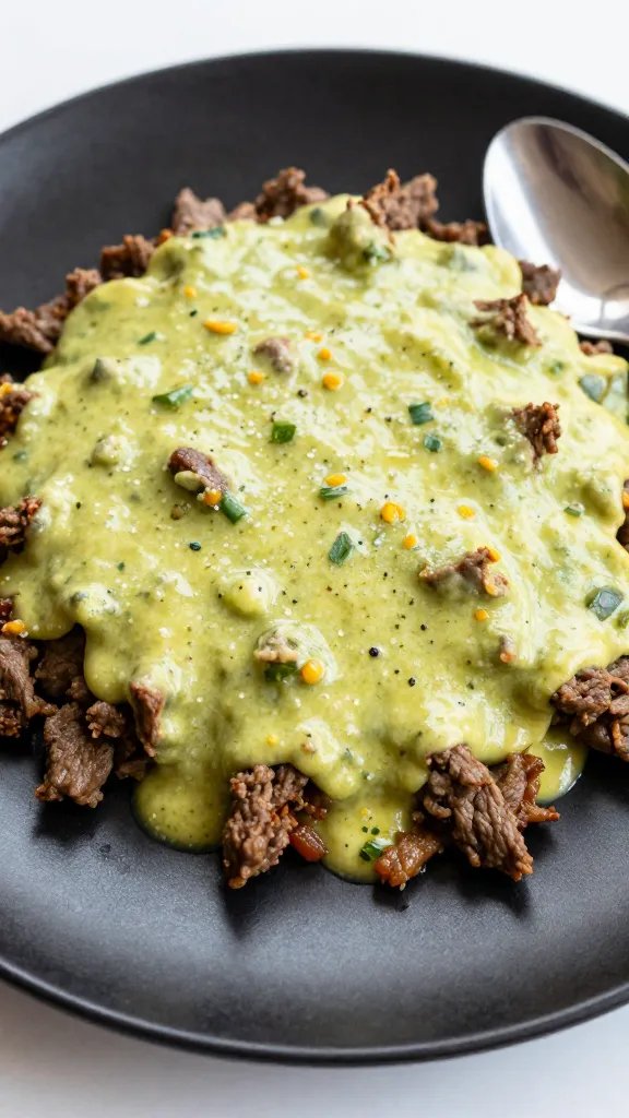 spoonful of cheesy salsa verde beef casserole on black plate