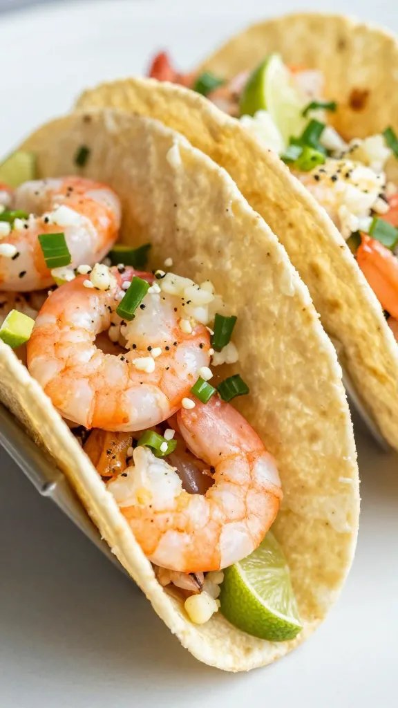 closeup keto garlic-lime shrimp taco on low-carb tortilla