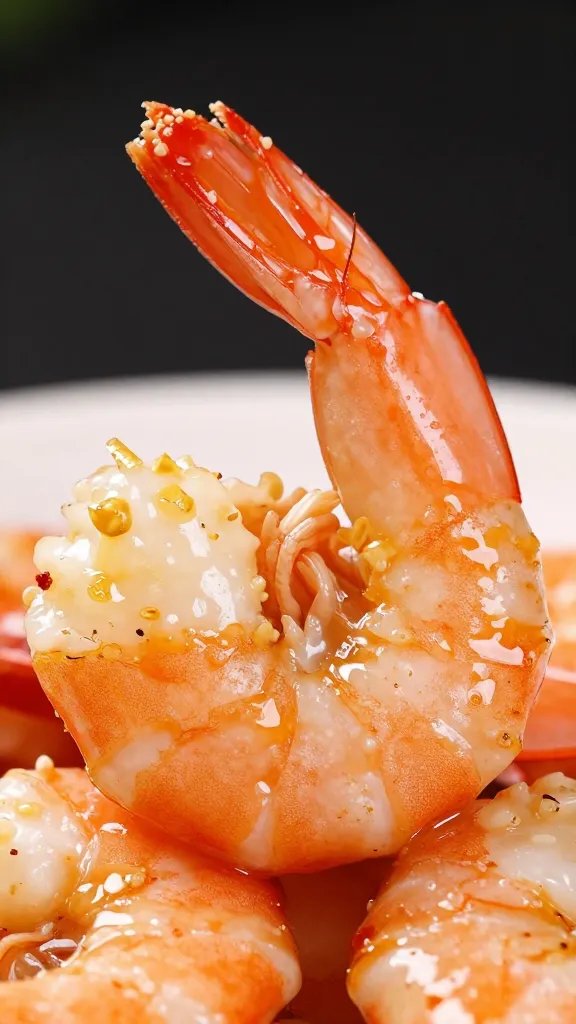 macro shot of chili-lime shrimp, glistening garlic butter glaze
