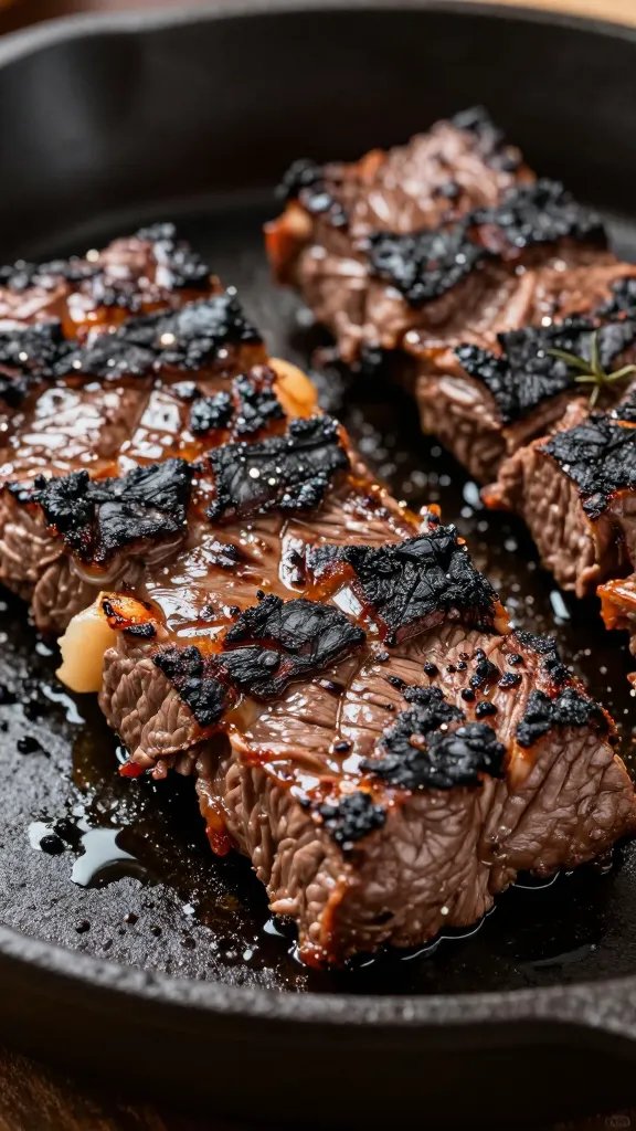 Closeup of charred carne asada bite on cast-iron skillet