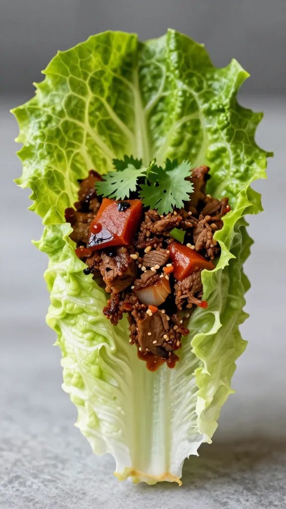 Single lettuce cup with carne asada bite and cilantro