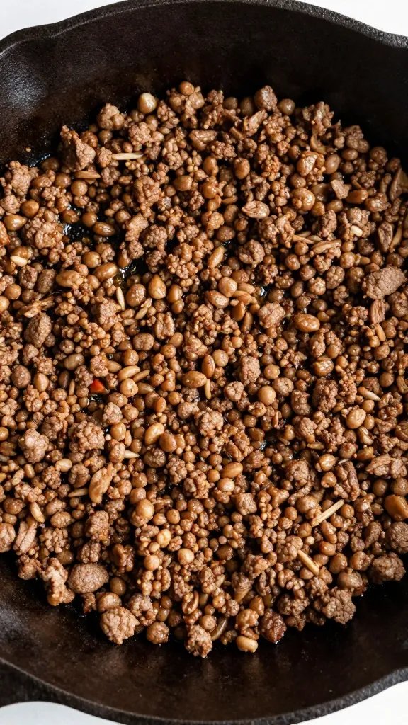 browned seasoned ground beef in cast-iron skillet, overhead closeup