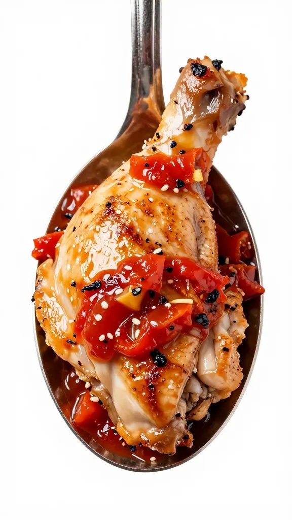 spoonful of roasted salsa roja over seared chicken thigh