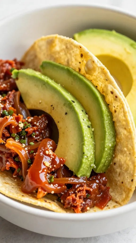 closeup keto chorizo taco bowl with avocado slices