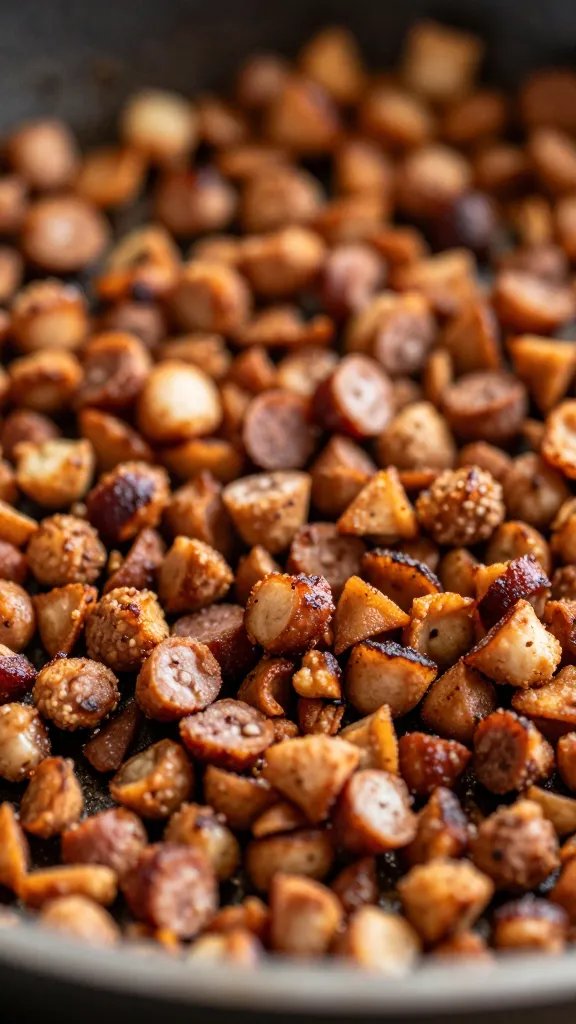 macro shot of crispy browned chorizo crumbles in skillet