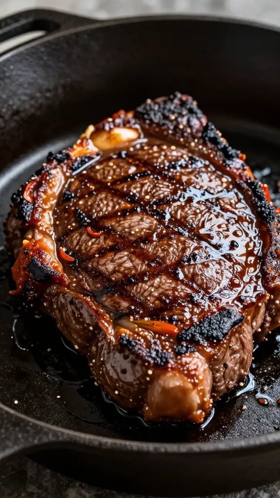 cast-iron skillet chipotle steak closeup with seared crust