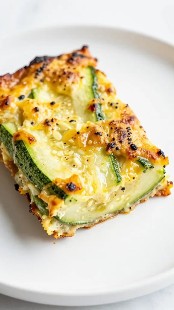 closeup slice of keto taco zucchini bake on white plate