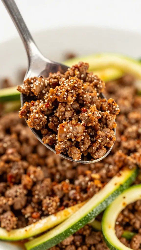 spoonful of taco-seasoned ground beef and zucchini ribbons, closeup