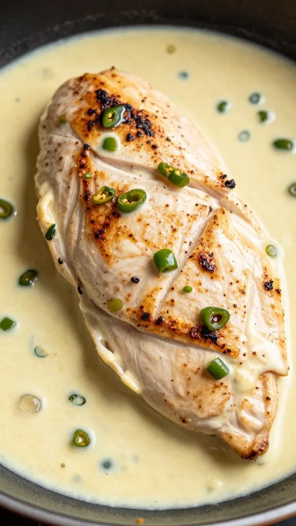 closeup skillet-seared chicken breast in creamy jalapeño sauce