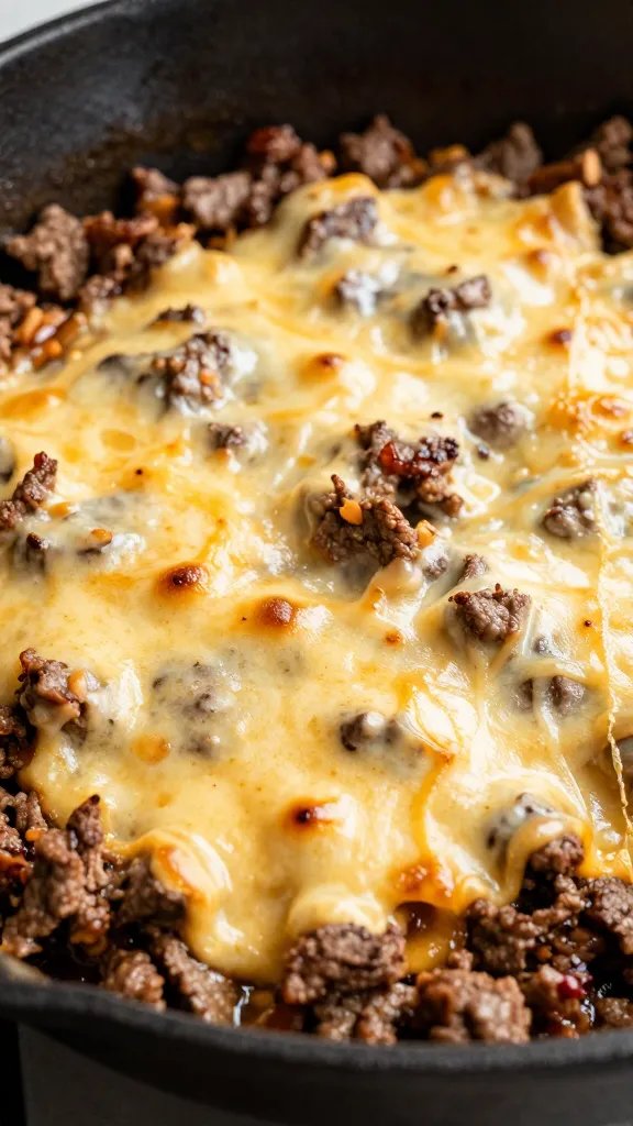 Closeup skillet of cheesy keto beef fajitas, melty top