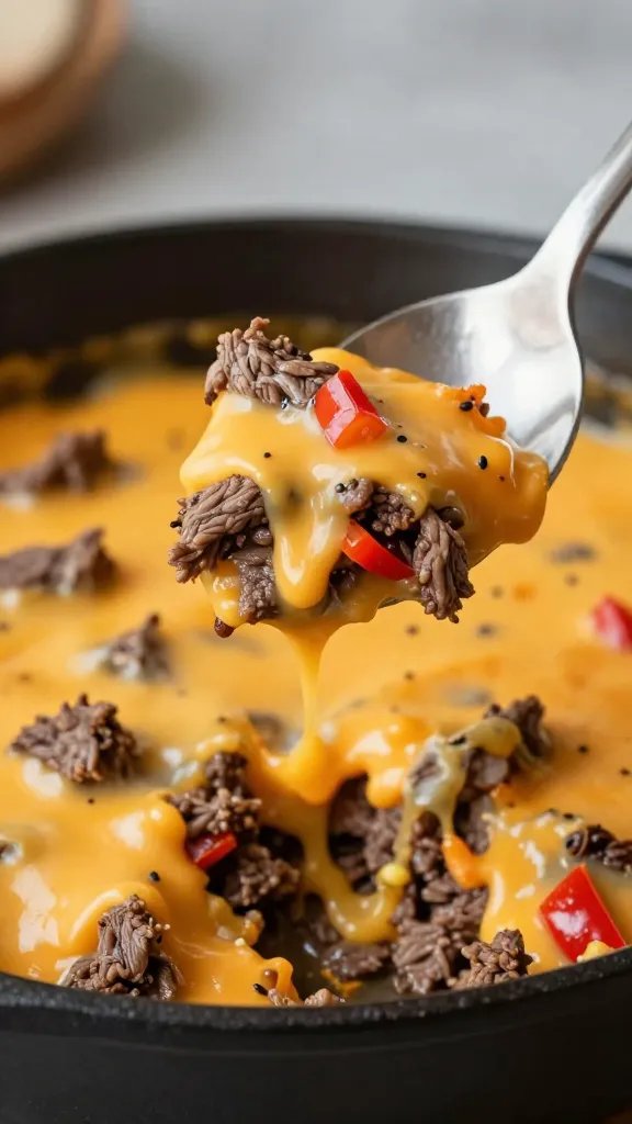 Single spoonful of cheesy beef-pepper skillet, dripping queso