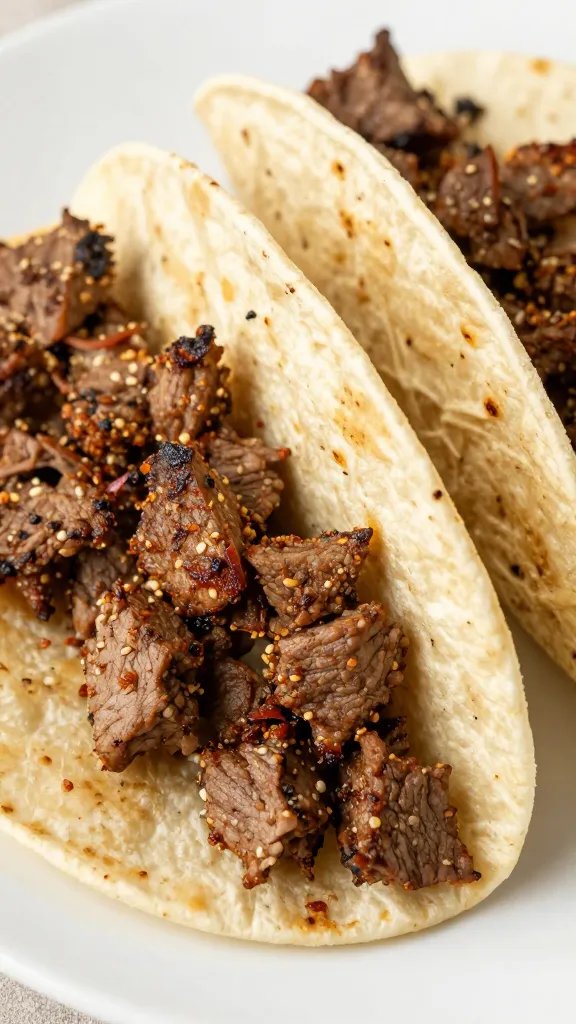 lettuce-wrapped keto taco with seasoned meat, overhead closeup