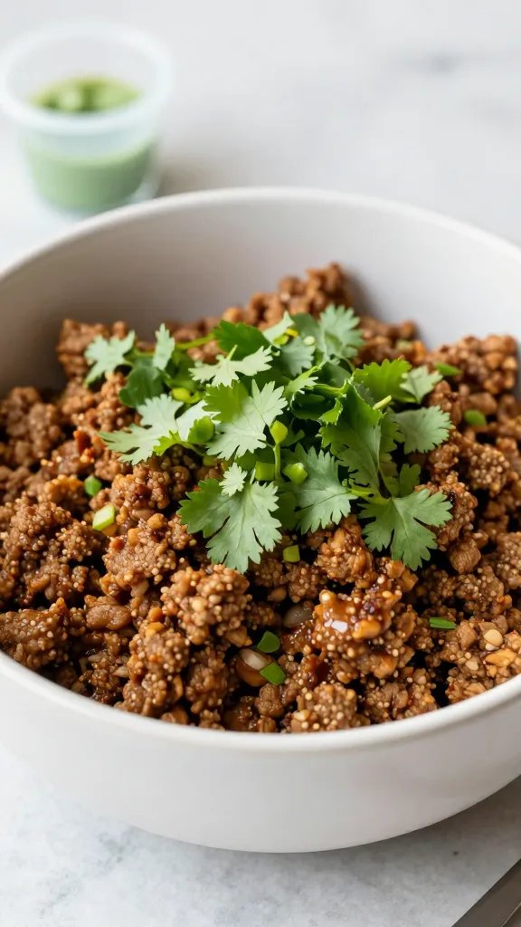 bowl of keto taco meat topped with cilantro, macro shot