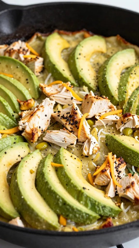 closeup of keto Mexican chicken and avocado bake in skillet