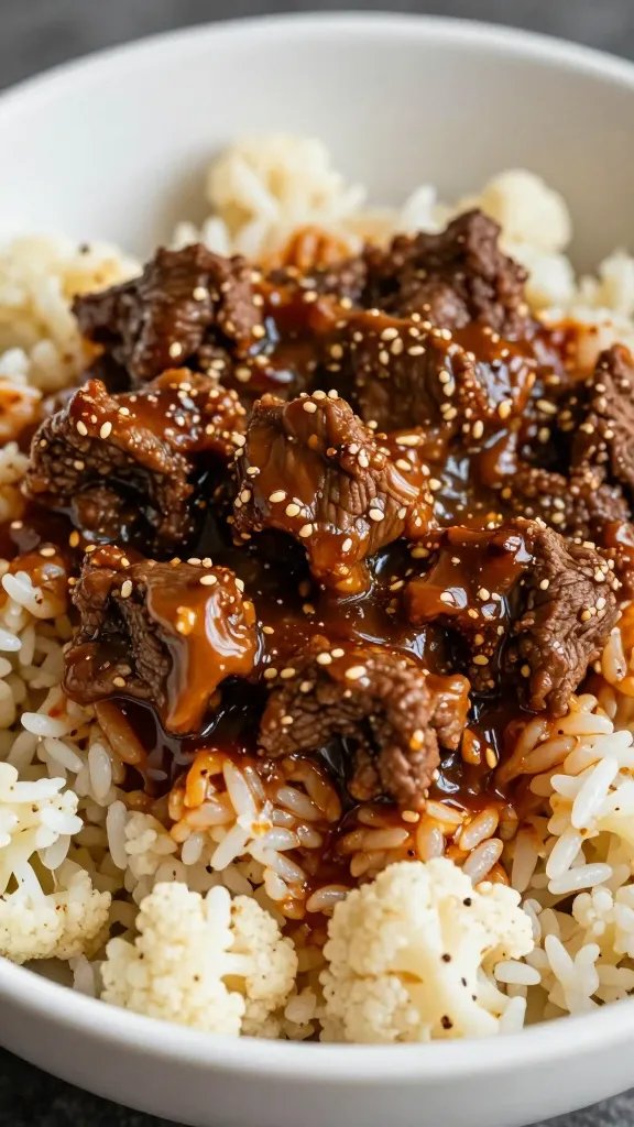 closeup bowl of smoky chipotle beef over cauliflower rice
