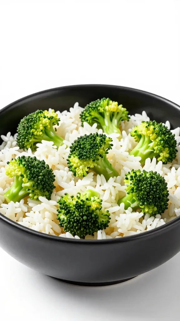 lime-dressed broccoli rice in matte black bowl, shallow depth