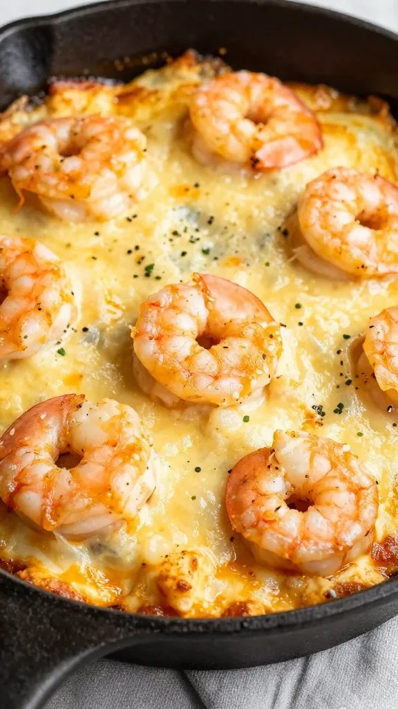 cast-iron dish of cheesy Mexican shrimp bake, closeup