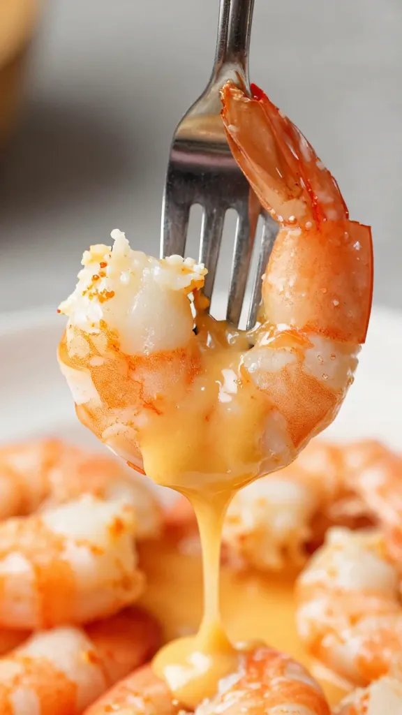 fork lifting gooey shrimp with melted queso, macro shot