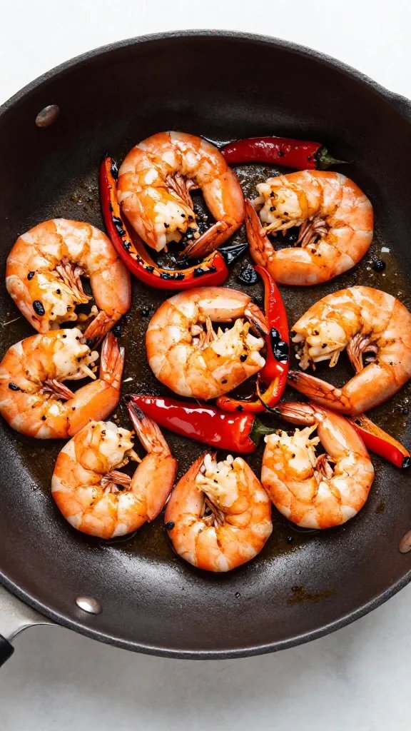 single skillet of keto shrimp with charred bell peppers, overhead