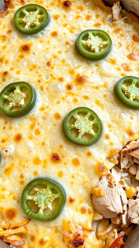 closeup of keto jalapeño chicken casserole with bubbly cheese