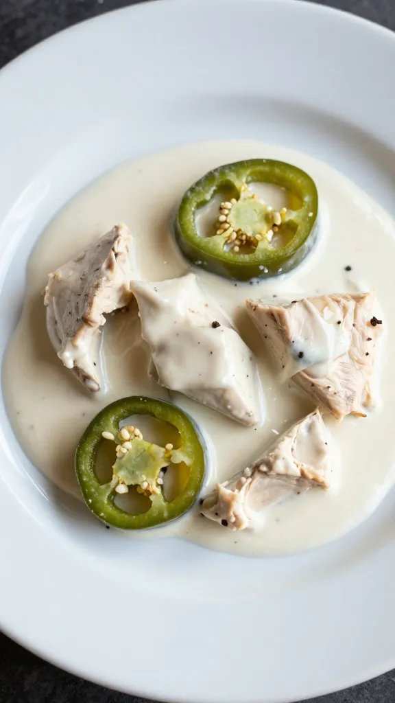 single serving of creamy jalapeño chicken on white plate