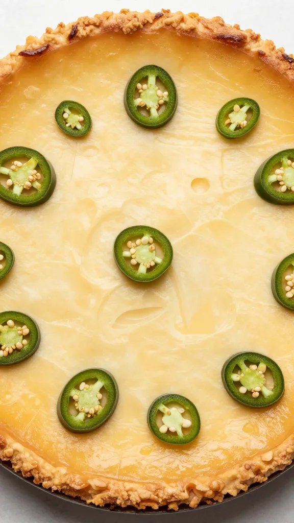 overhead shot of golden cheese crust with sliced jalapeños