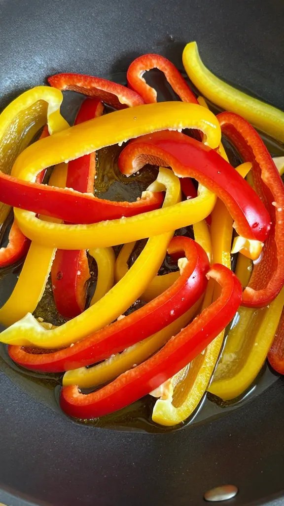 red and yellow pepper strips sizzling in avocado oil