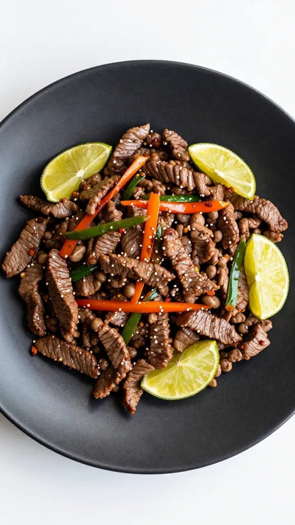 lime-drenched keto beef stir-fry on matte black plate