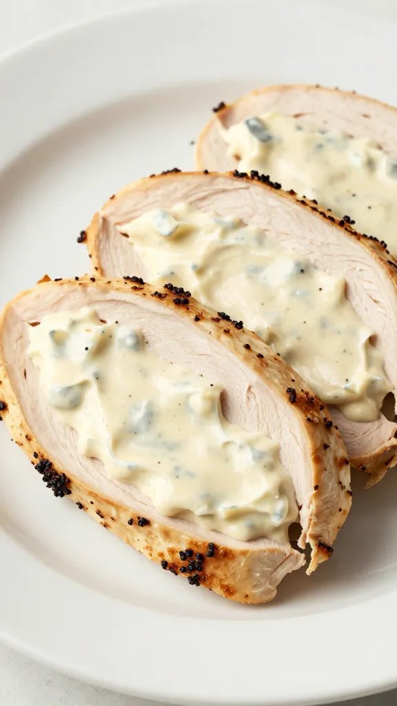 sliced stuffed chicken showing creamy taco filling, white plate