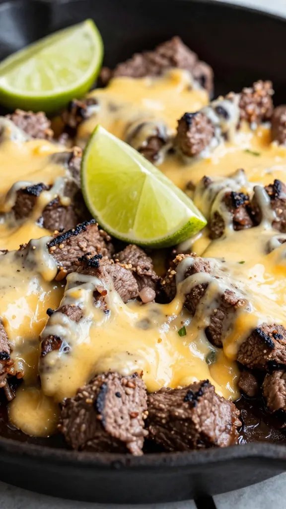 closeup carne asada skillet with melted cheese and lime wedge