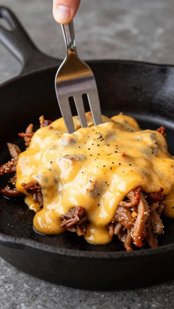 fork lifting cheesy carne asada bite over cast-iron skillet