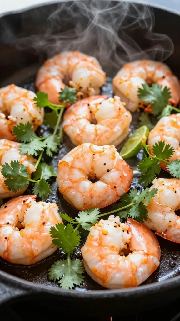 closeup skillet of cilantro lime shrimp, cast iron, steam