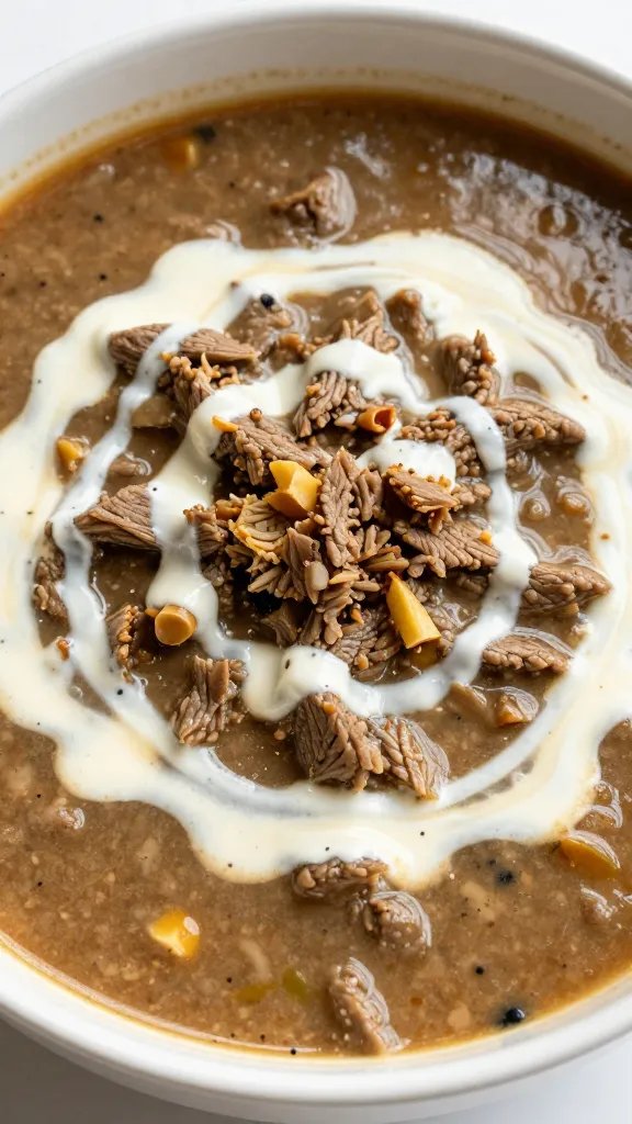 closeup bowl of keto beef taco soup with crema swirl