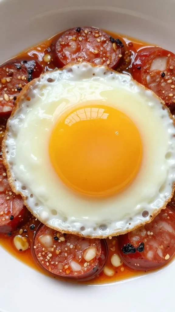 single sunny-side egg atop spicy chorizo, overhead closeup