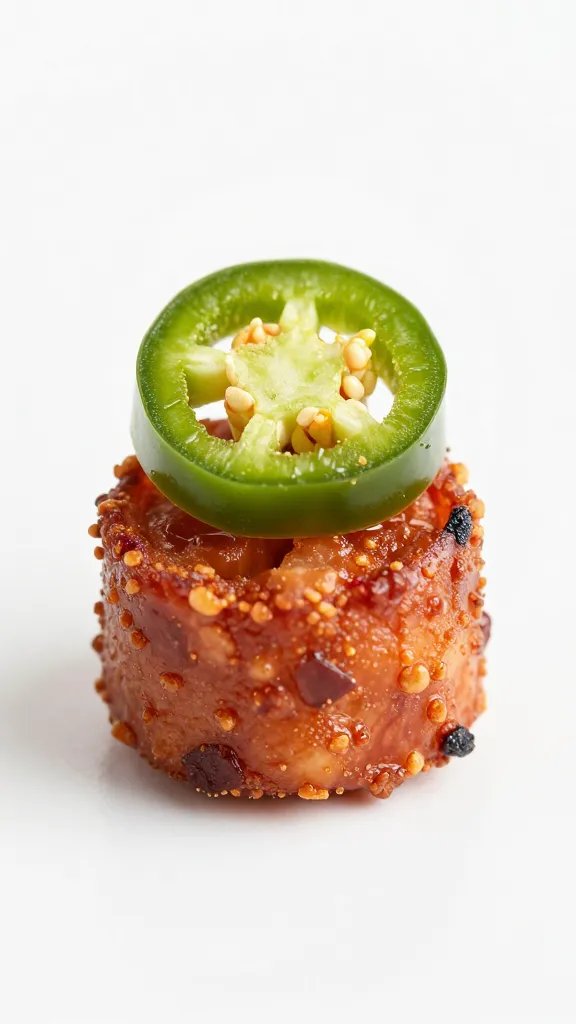 crispy chorizo bite with jalapeño slice, macro food shot