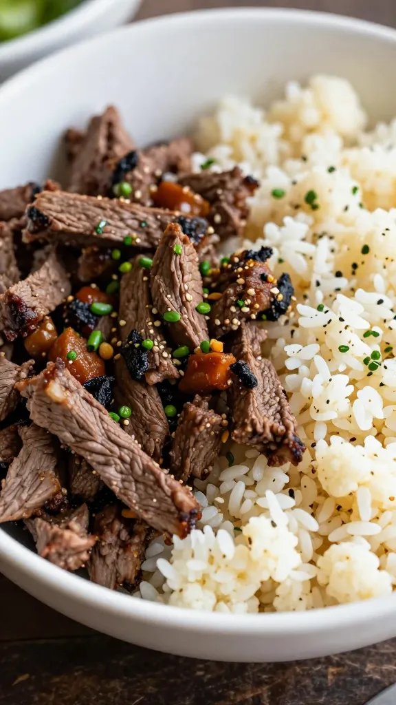 closeup keto carne asada bowl with cauliflower rice