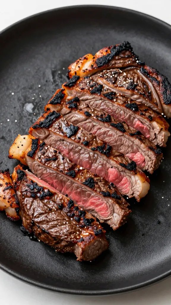 sliced skirt steak, charred edges, on black plate