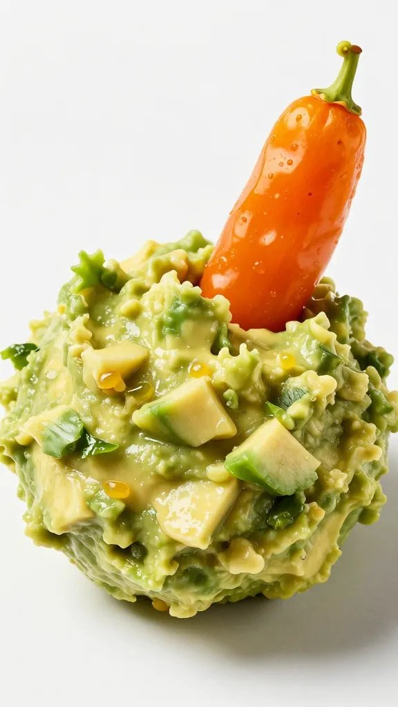 creamy guacamole scoop with pico garnish, macro shot