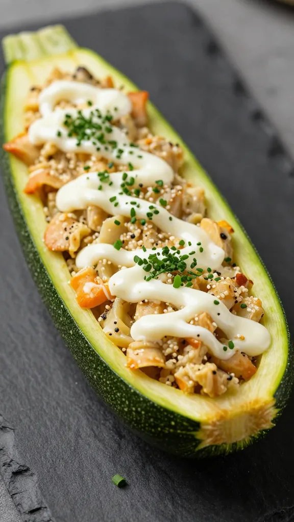 closeup keto Mexican stuffed zucchini boat on dark slate